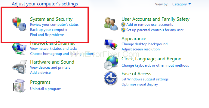 Click on system and security