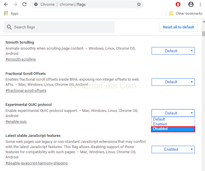 Disable Experimental QUIC protocol to Fix err_quic_protocol_error