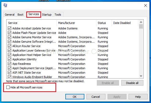 Hide all Microsoft Services to Fix Modern Setup Host Has Stopped Working