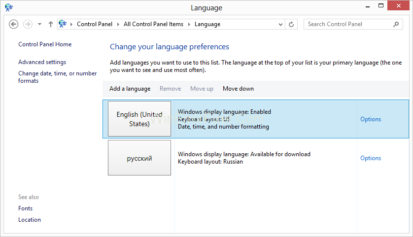 Windows 8 language list